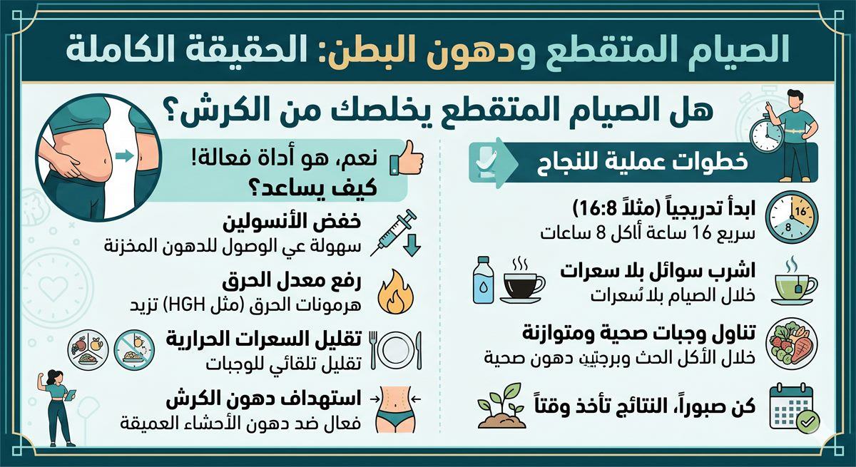 هل الصيام المتقطع لخسارة دهون البطن؟ الحقيقة الكاملة وكيف يساعدك في حرق دهون الكرش بسرعة