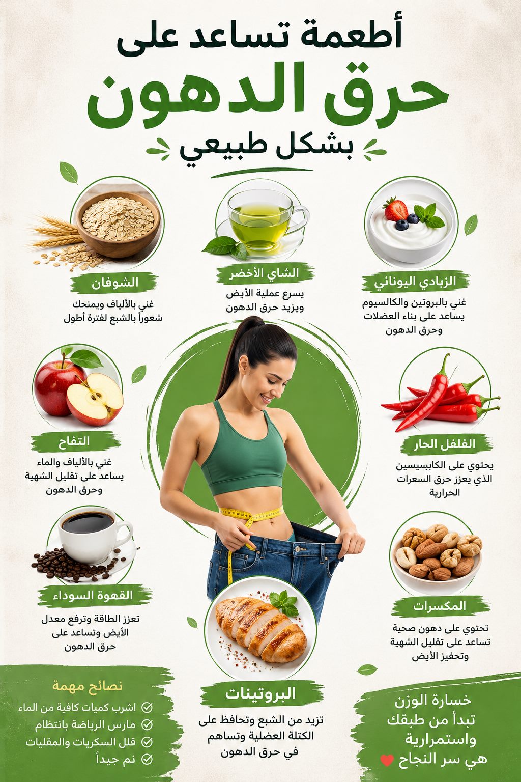 أطعمة حرق الدهون: أفضل 10 أطعمة طبيعية تساعد على خسارة الوزن بسرعة وبدون حرمان