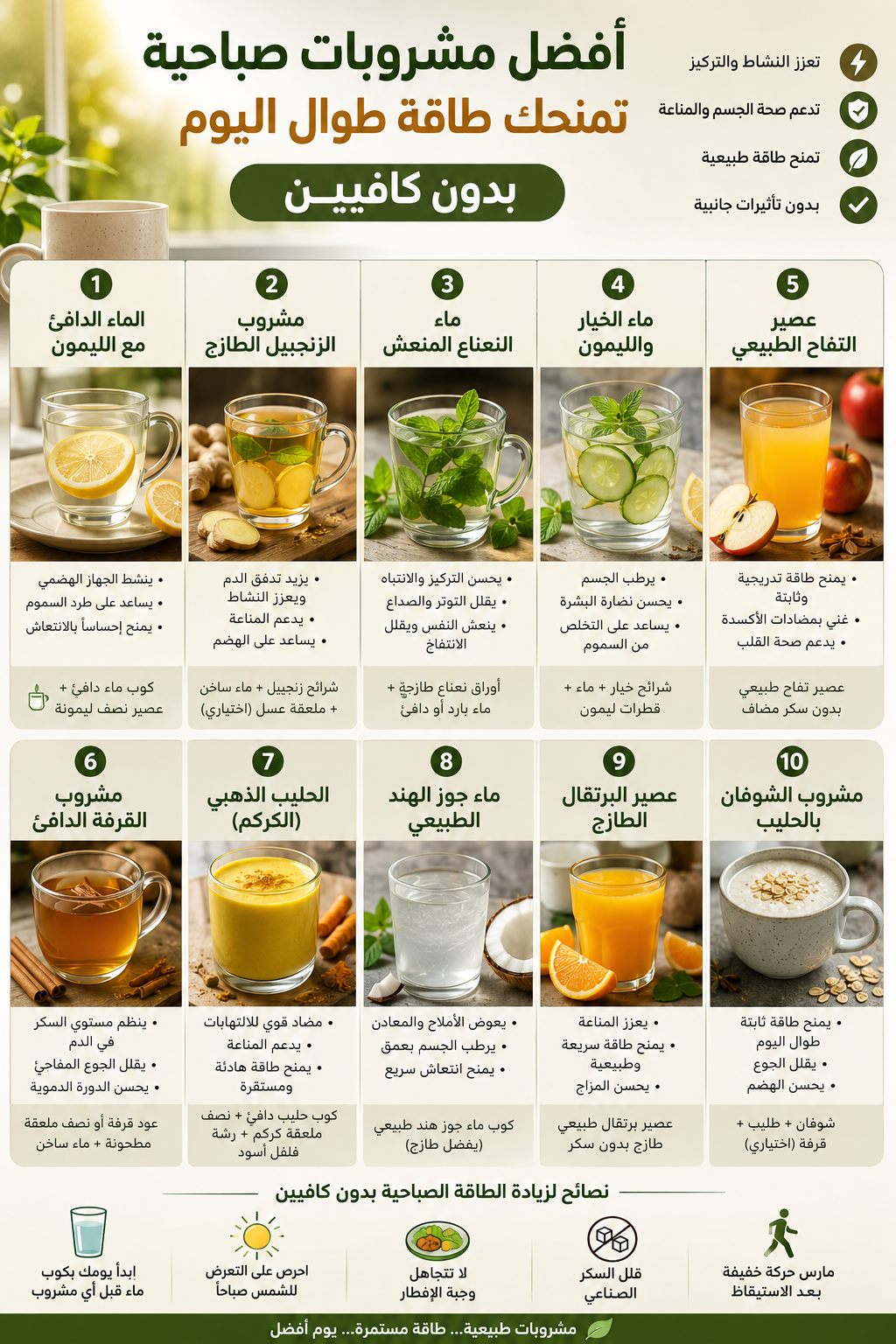 أفضل مشروبات صباحية تمنحك طاقة طوال اليوم بدون كافيين