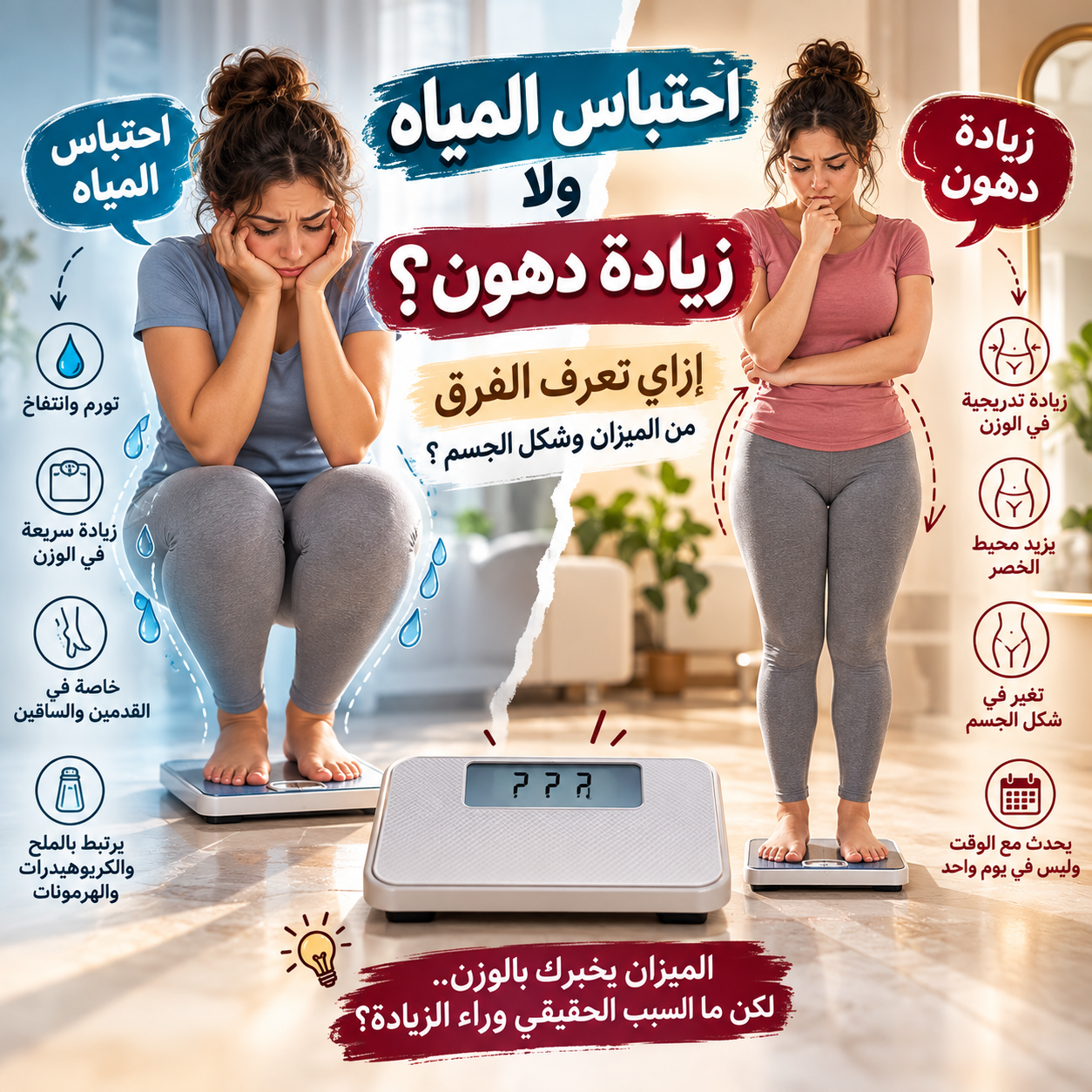 احتباس المياه ولا زيادة دهون ؟ كيف تعرف الفرق من الميزان وشكل الجسم؟